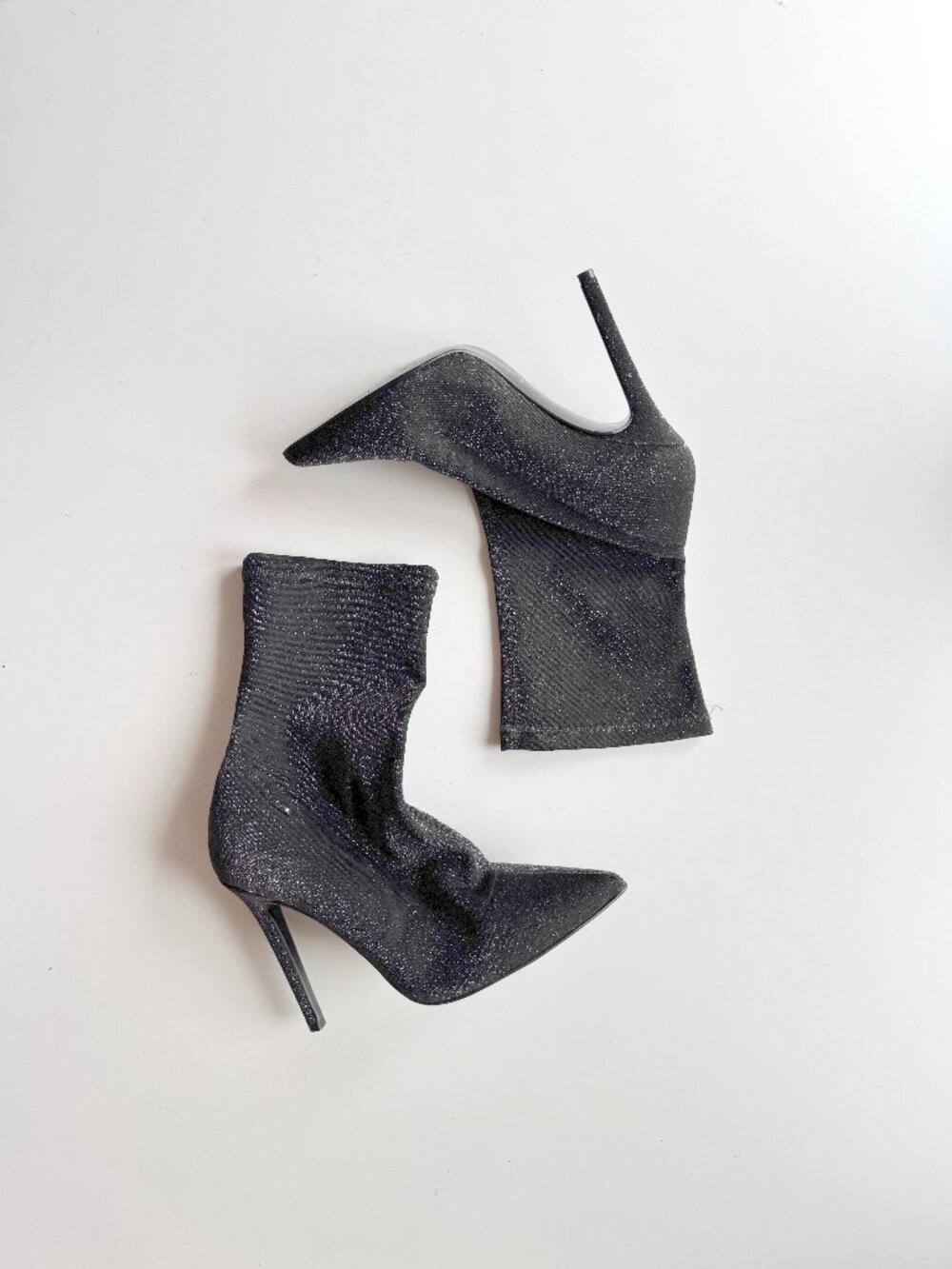 LIU JO Metallic Black Stretch Knit Mid Calf Pointed Toe Sock Boots, Size 40
